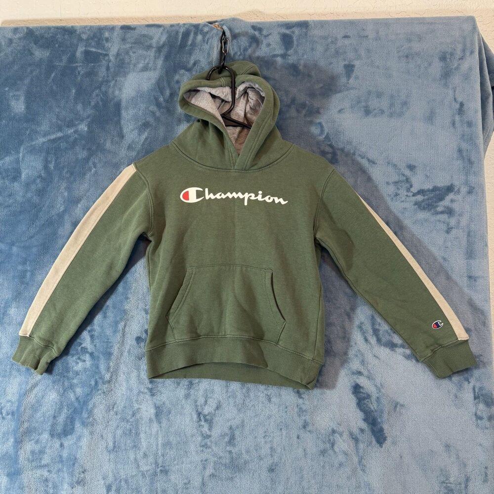 Champion Kids Boys Size 7 Hoodie Olive Green Pullover Cream Stripe Sweatshirt